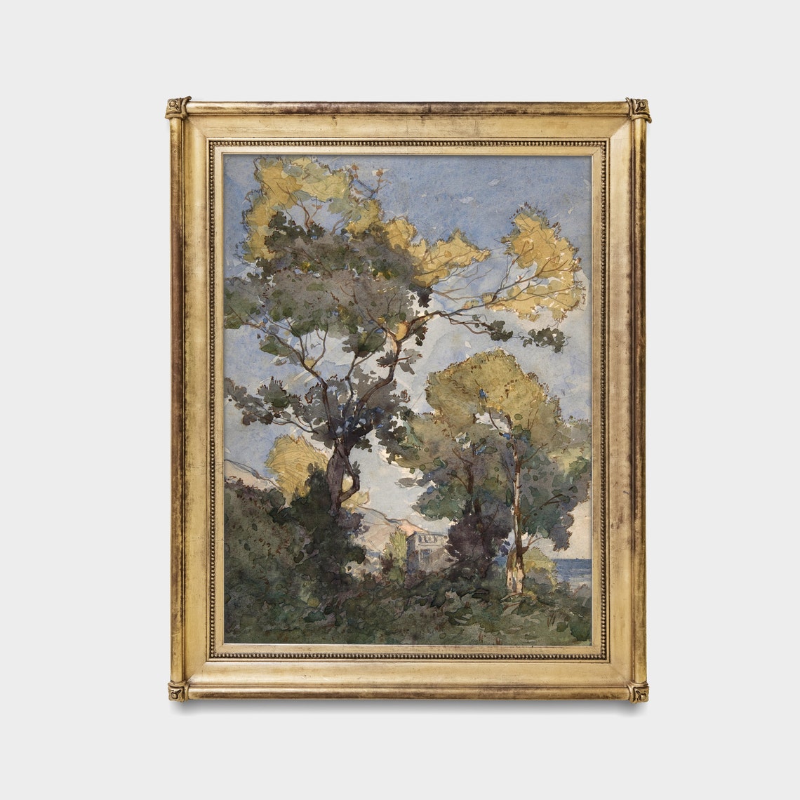 Golden Canopy Trees Above a Village Watercolor Landscape Poster - Image 2
