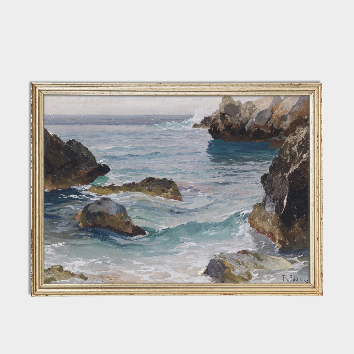 Turquoise Waves Breaking Over Coastal Rocks Antique Ocean Art Poster - Image 2