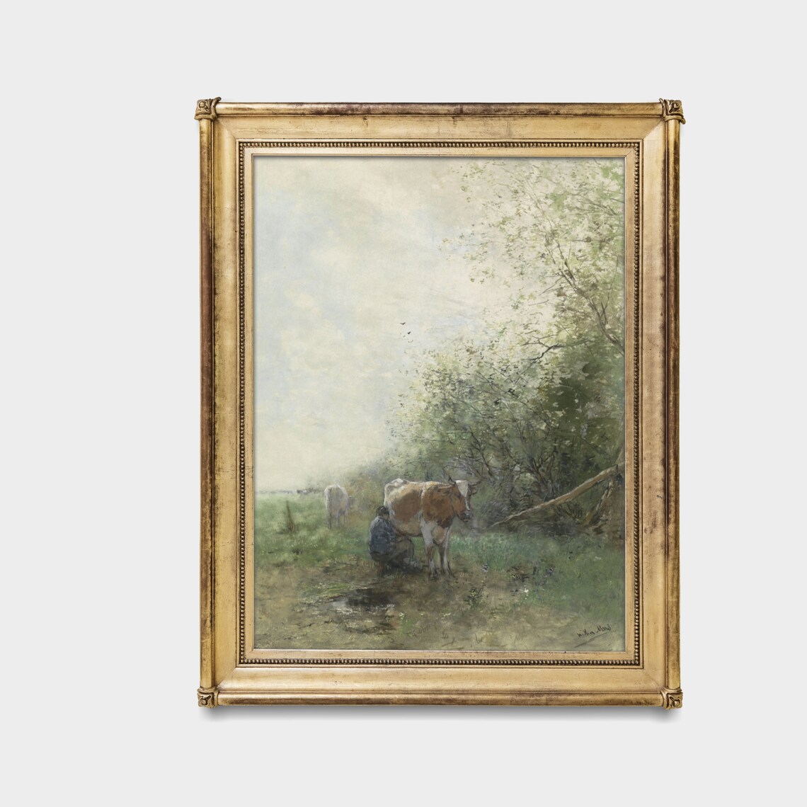 Farmer Milking Cow In Green Meadow Vintage Rural Scene Poster - Image 3