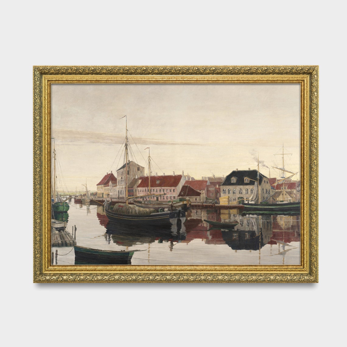 Vintage Harbor With Tall Ships Painting Antique Nautical Wall Art - Image 2