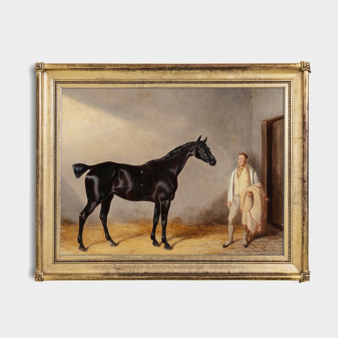 Black Horse in a Stable with Groom Antique Equestrian Poster - Image 2