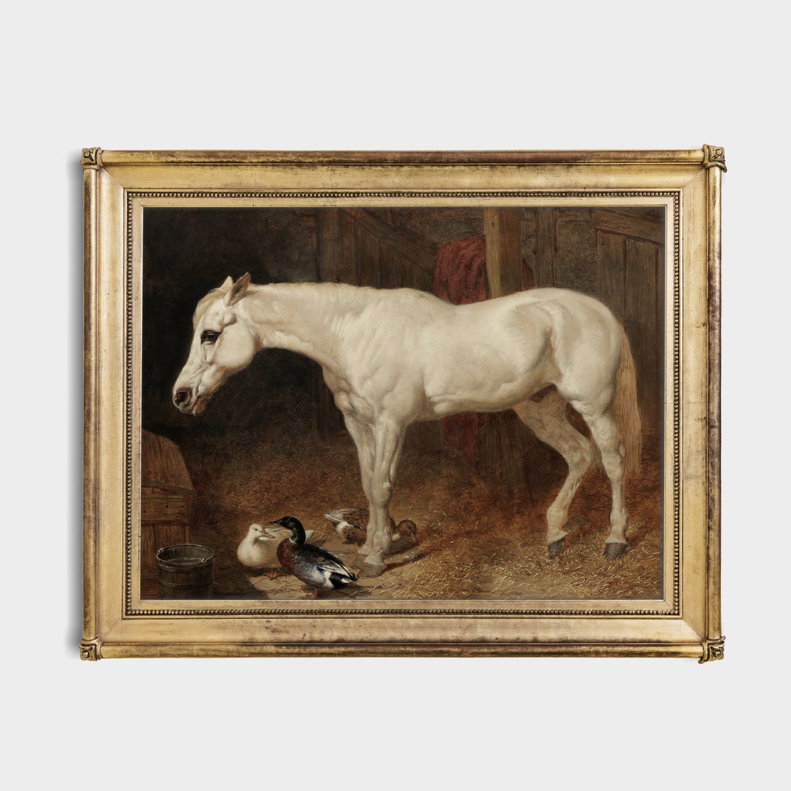 White Horse in Stable with Mallard Ducks Antique Animal Print - Image 4