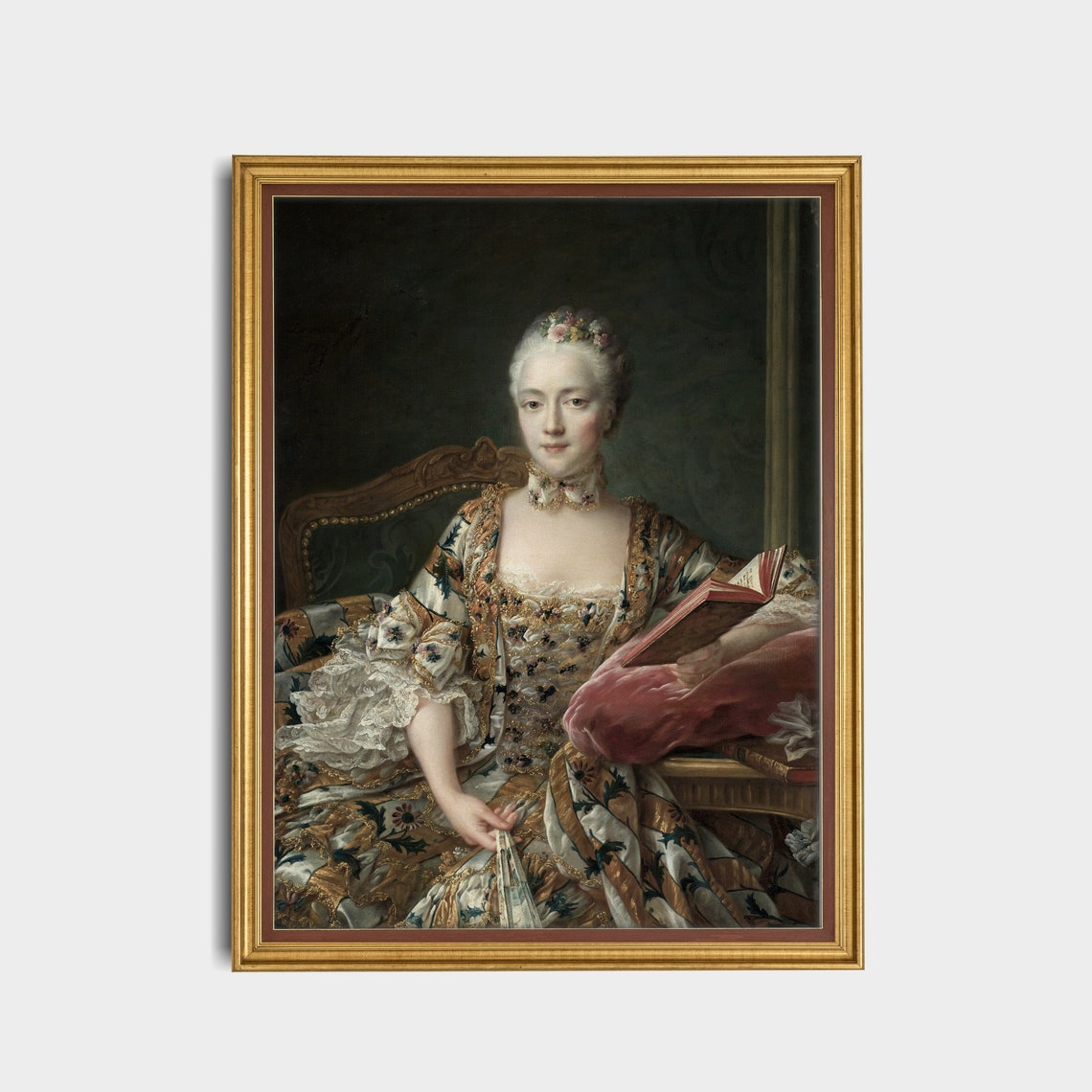 Rococo Lady in Floral Silk Gown Reading a Book Vintage Poster - Image 3