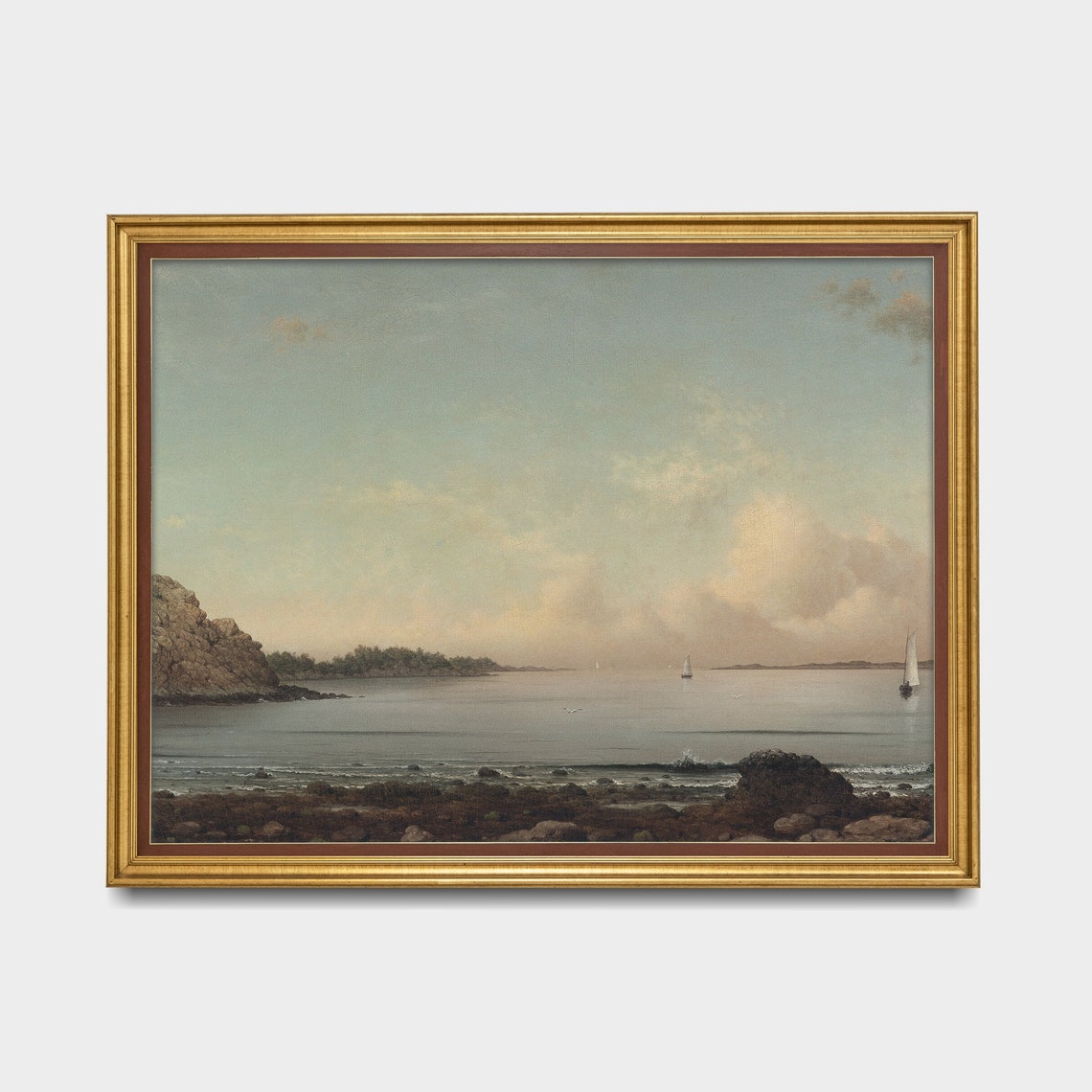 Calm Rocky Coast Seascape With Distant Sailboats Vintage Poster - Image 4