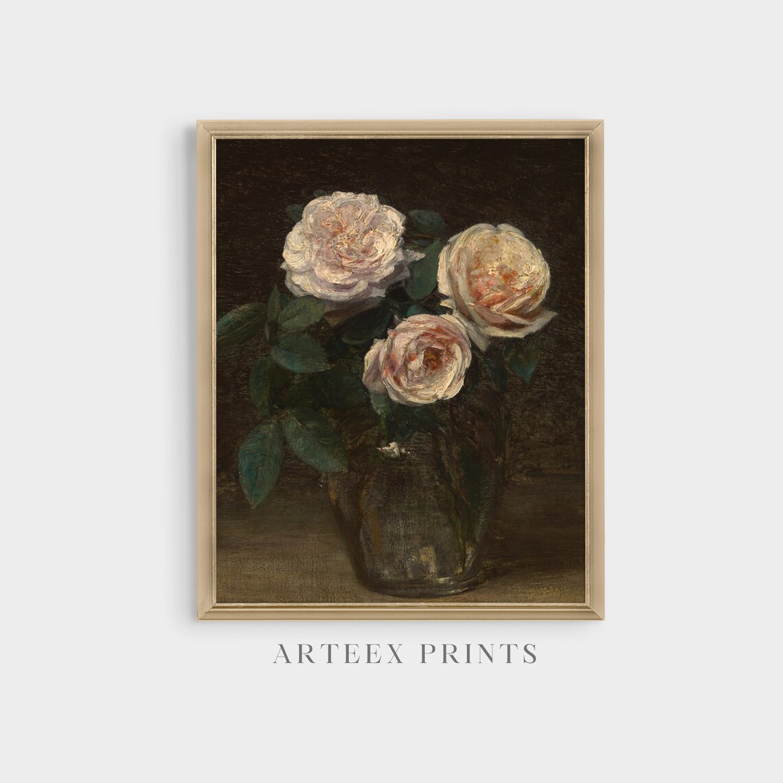 Three Pale Pink Roses in a Glass Vase Moody Floral Still Life Print - Image 5