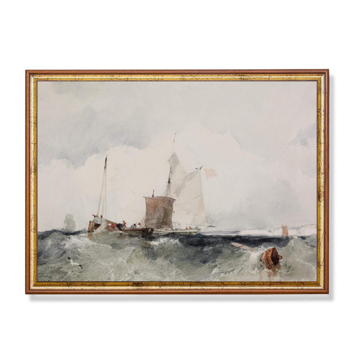 Sailing Vessels on a Choppy Grey Sea Antique Marine Watercolor Poster