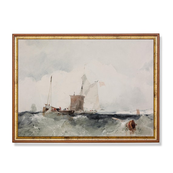 Vintage Sailing Boat Painting Antique Ocean Beach Print Seascape Coastal Decor Wall Art Nautical Print