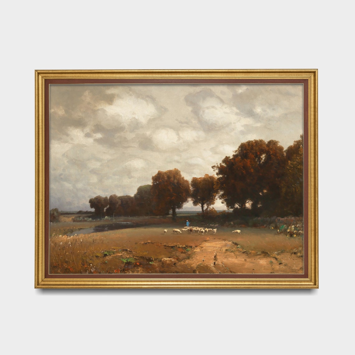 Antique Sheep Flock with Shepherd in a Country Field Vintage Poster - Image 3