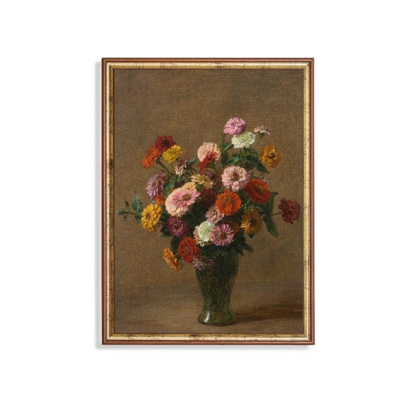 Mailed Print Vintage Still Life With Zinnias Antique Floral Painting Moody Rustic Flower Artwork Print And Ship Classic Prints