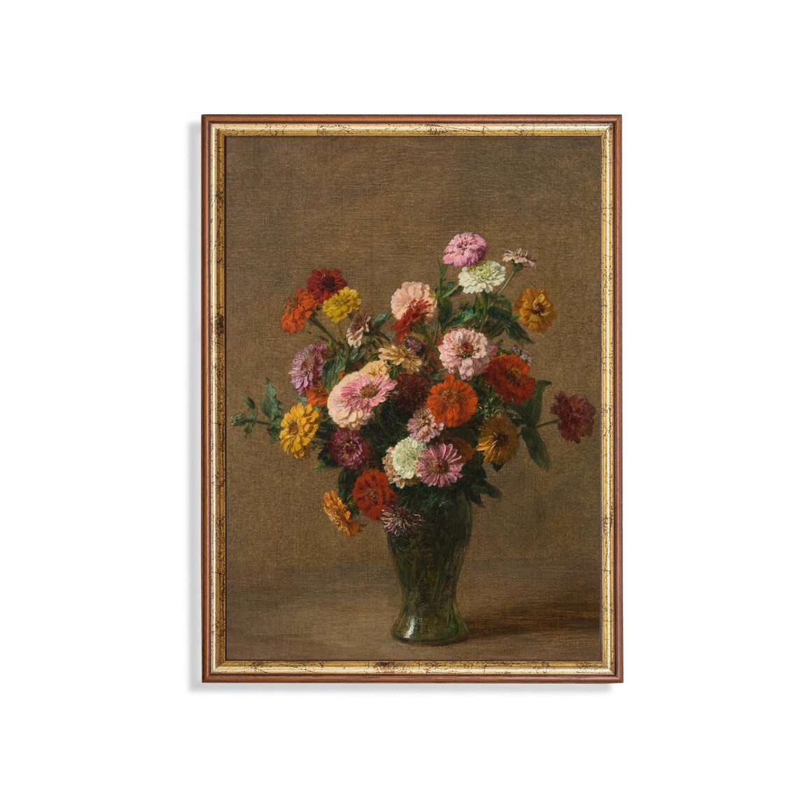 Colorful Zinnias Bouquet Green Vase Realistic Floral Art Poster