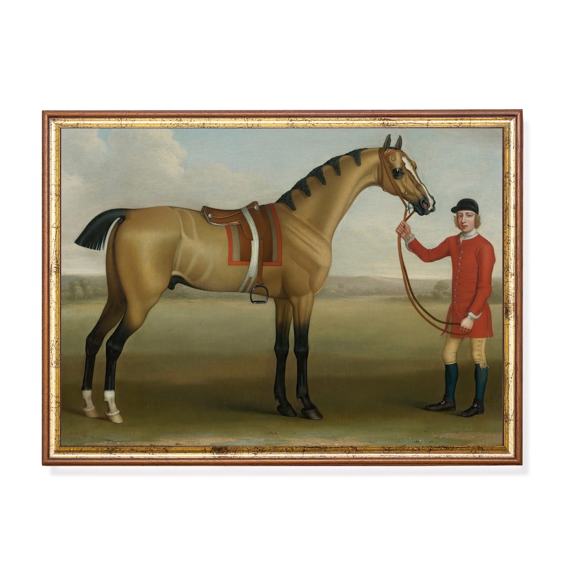 Tan Hunter Horse With Groom in Red Coat Vintage Equestrian Poster