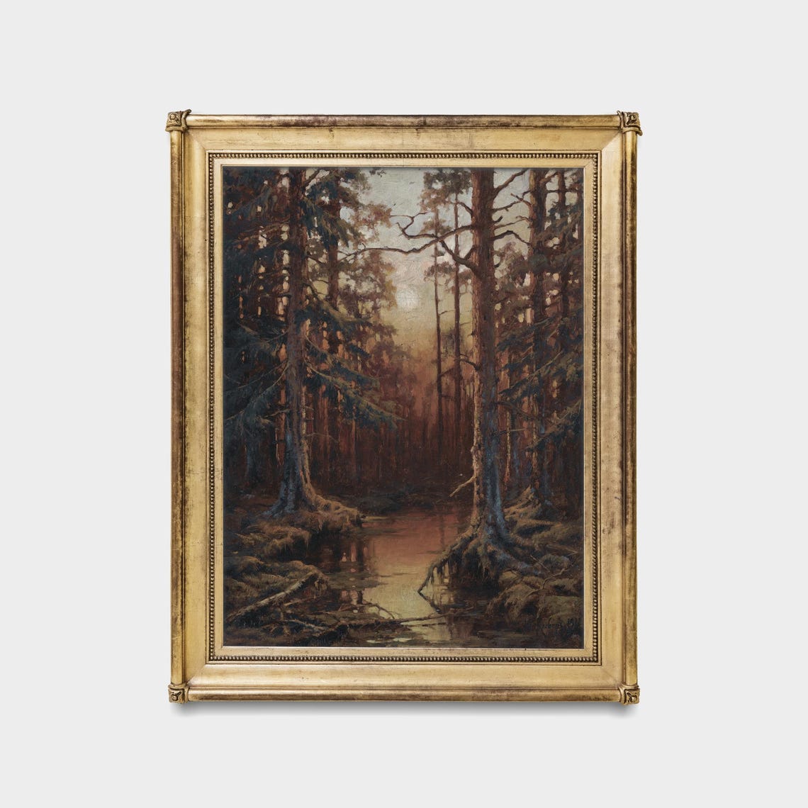Sunset Glow Through Tall Pines Over a Forest Stream Vintage Poster - Image 5