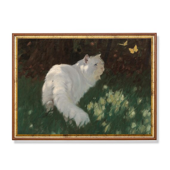Fluffy White Cat Watching Yellow Butterflies Antique Animal Poster