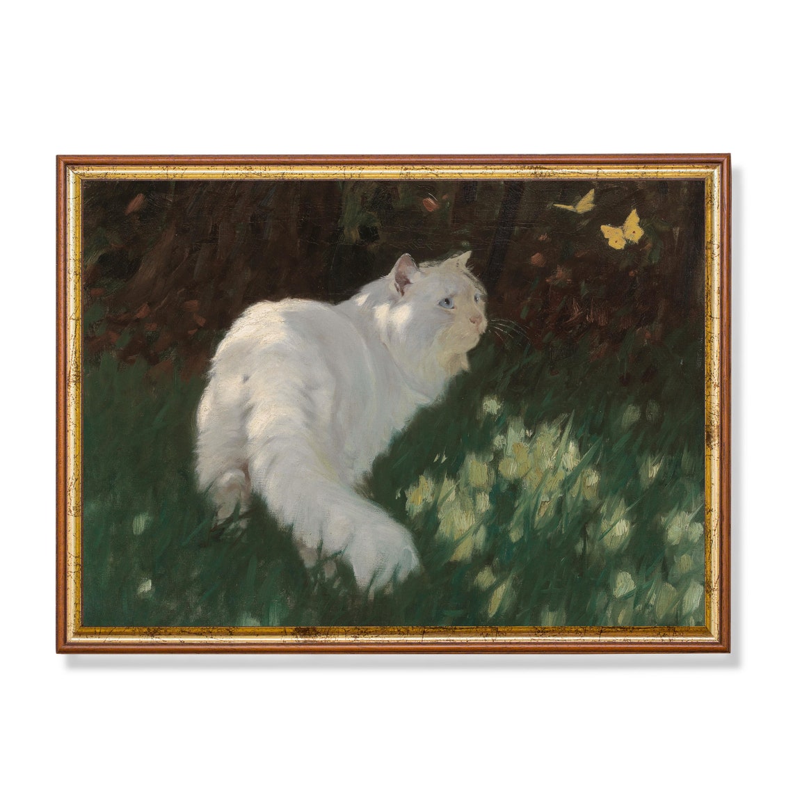 White Cat Watching Yellow Butterflies in Garden Vintage Poster