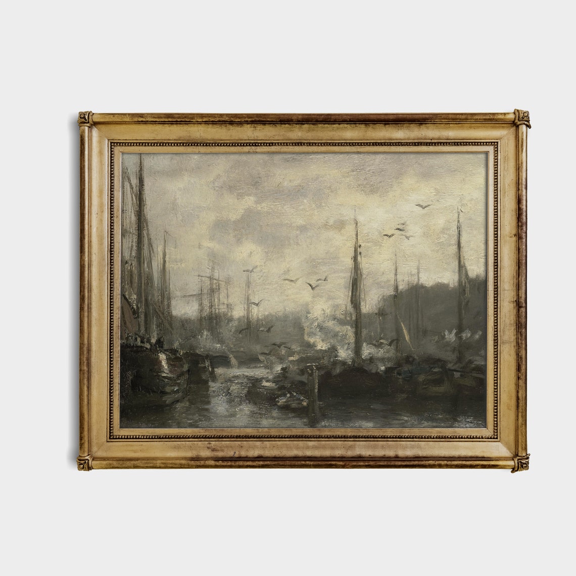 Misty Harbour with Moored Boats and Circling Gulls Marine Oil Print - Image 4