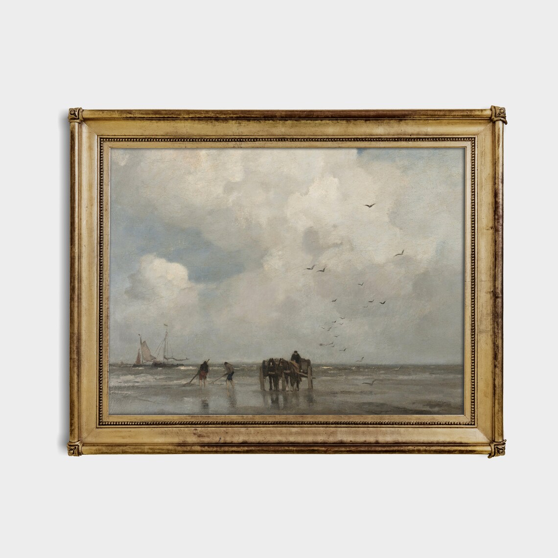 Mist-Covered Beach with Fishermen Horses and Sailboat Poster - Image 3