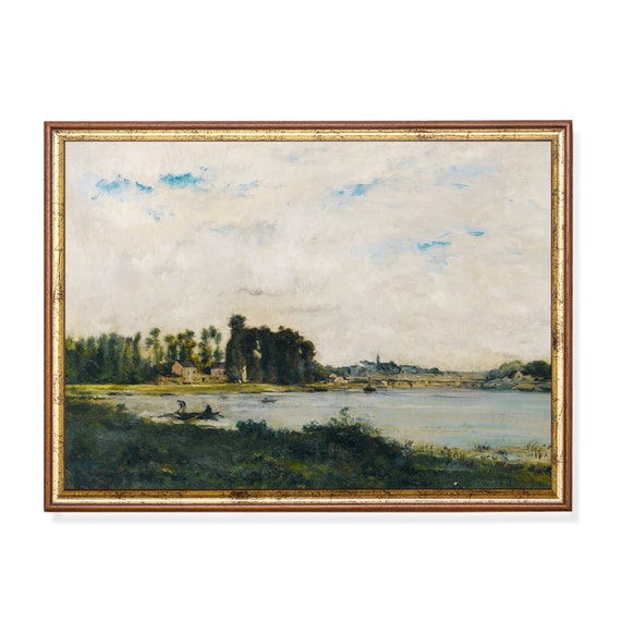 Vintage Landscape Oil Painting Print River View Antique Art Print Horizontal Wall Art Rustic Farmhouse Wall Decor