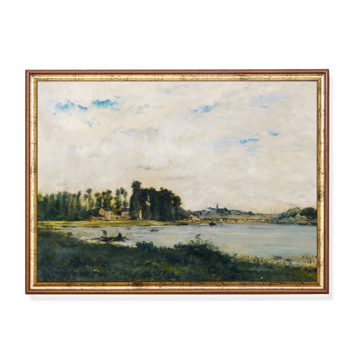 River Village with Rowboats Calm Water Antique Painting Poster