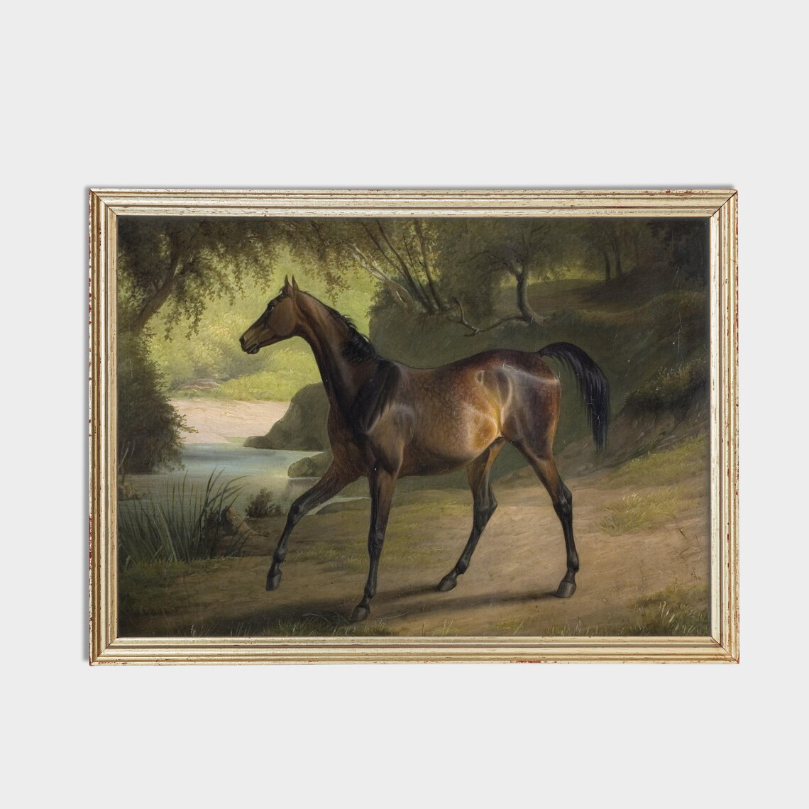 Bay Horse Trotting by Wooded Riverbank Vintage Equestrian Poster - Image 2