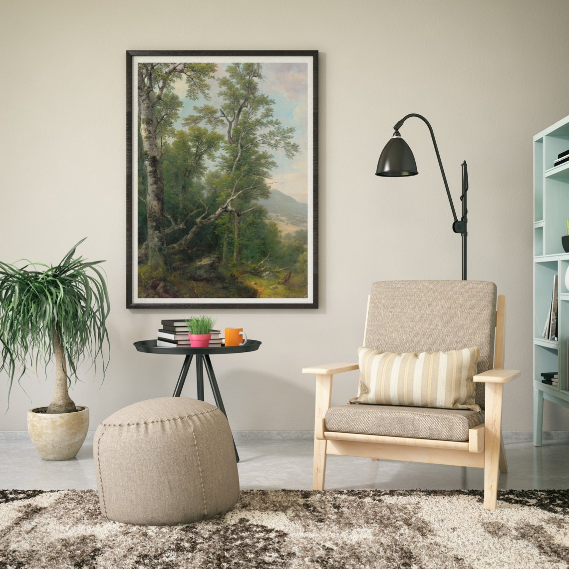 Towering Birch Forest with Mountain Valley View Painting Poster - Image 2