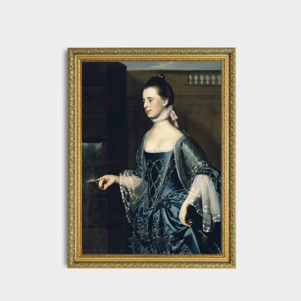 Lady in Blue Satin Gown at Fountain Colonial Era Portrait Poster - Image 3