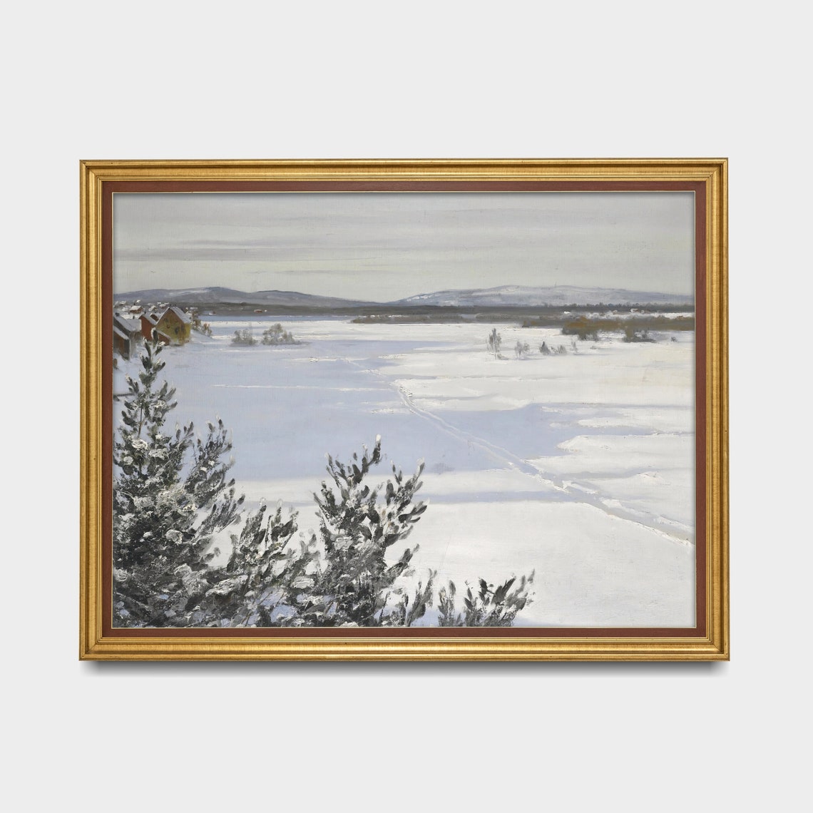 Snowy Village by Frozen Lake Winter Landscape with Pines Poster - Image 3