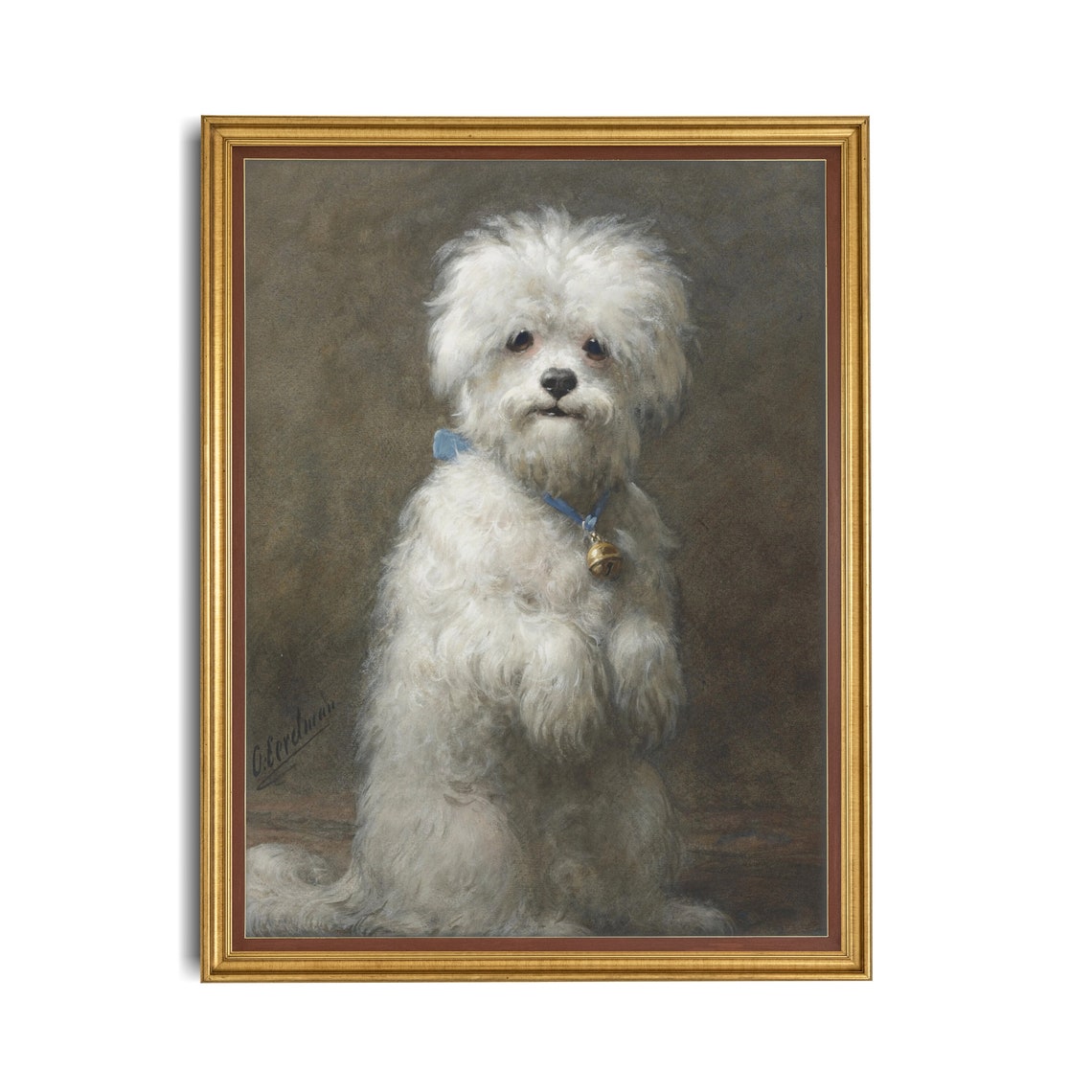 Antique White Lapdog Portrait Blue Collar Bell Pet Painting Poster - Image 2