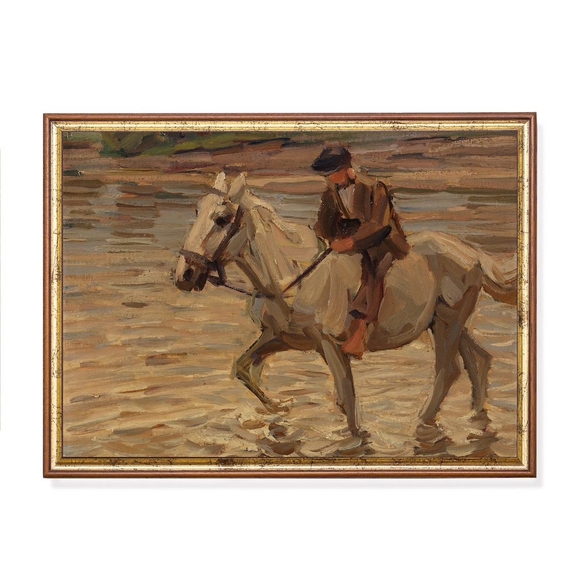 Boy Riding a White Horse Through Shallow Water Painting Poster