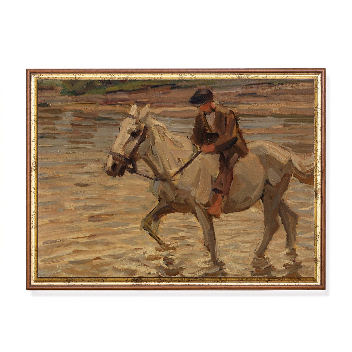 Rider on a White Horse Crossing a Shallow River Impressionist Poster