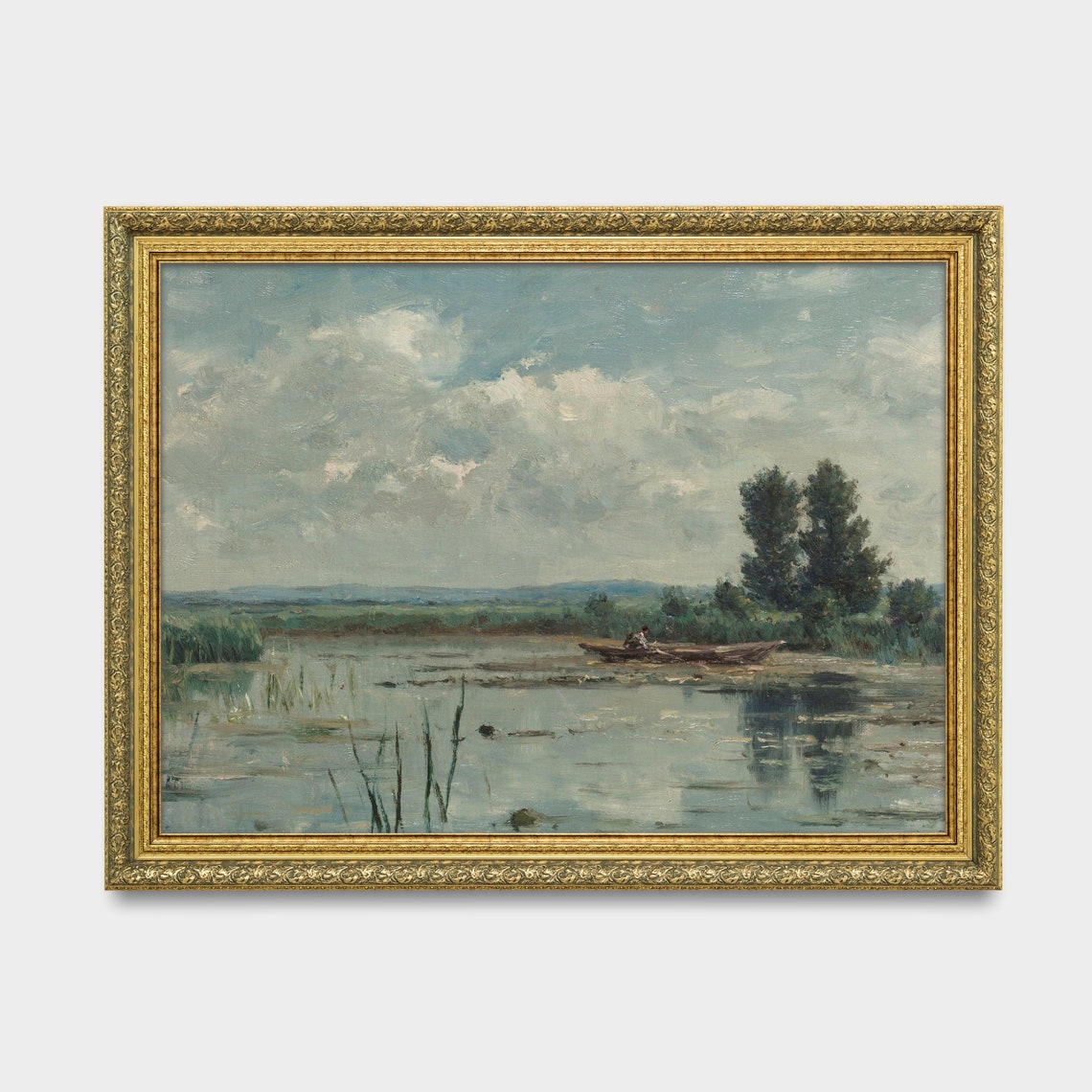 Fisherman in Canoe Wide Marsh Tall Poplars Vintage Landscape Poster - Image 3