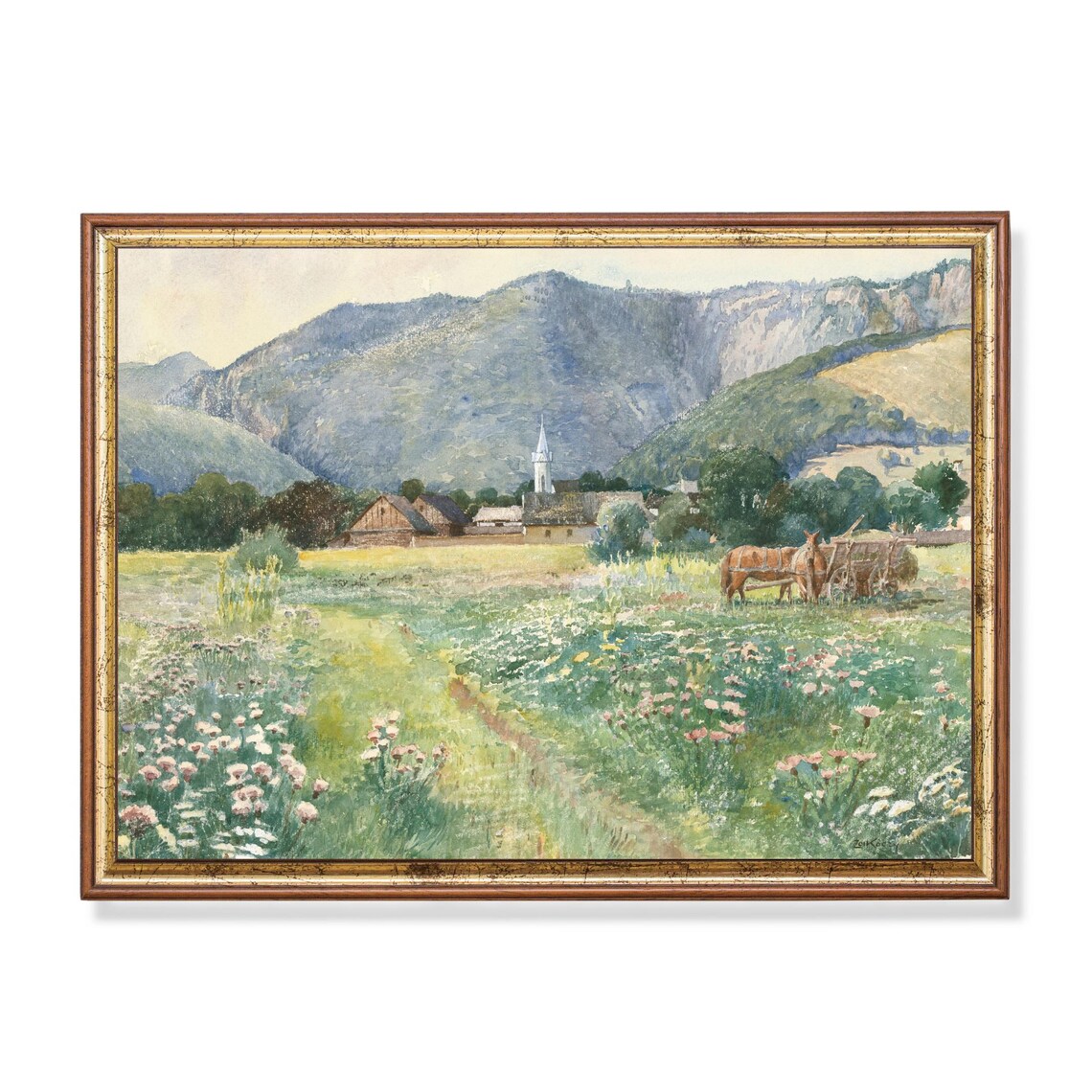 Alpine Village Church Spire Wildflower Meadow Horse Cart Poster