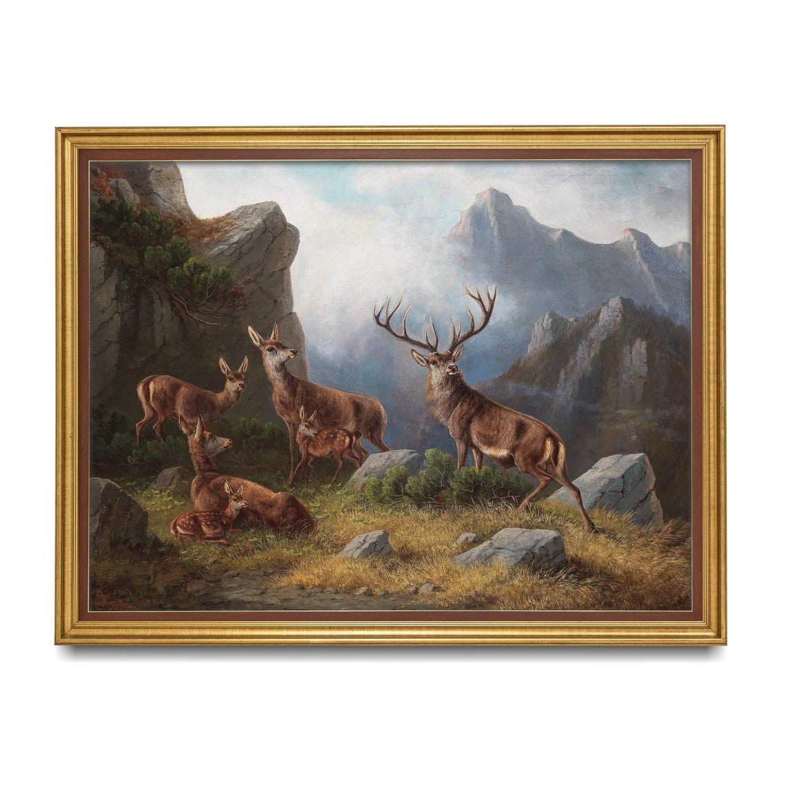 Deer Herd with a Stag in an Alpine Mountain Valley Scene Poster - Image 2
