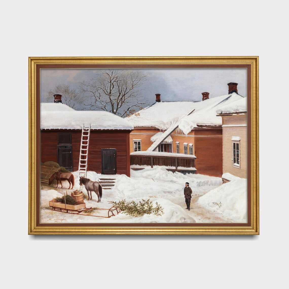 Snowy Farmyard Horses Sleigh Icicle Roofs Winter Scene Poster - Image 5