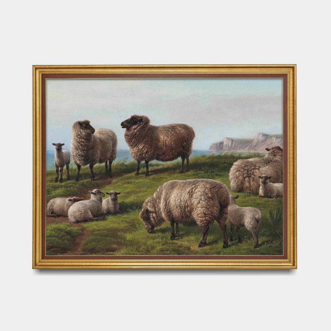 Sheep and Lambs on a Coastal Cliff Antique Pastoral Painting Poster - Image 3