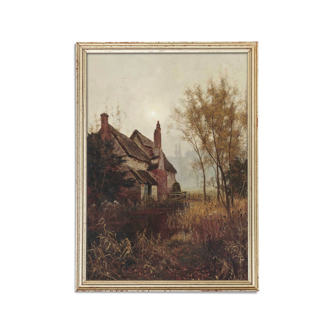 Thatched Cottage with Watermill in Golden Autumn Dusk Country Poster - Image 2