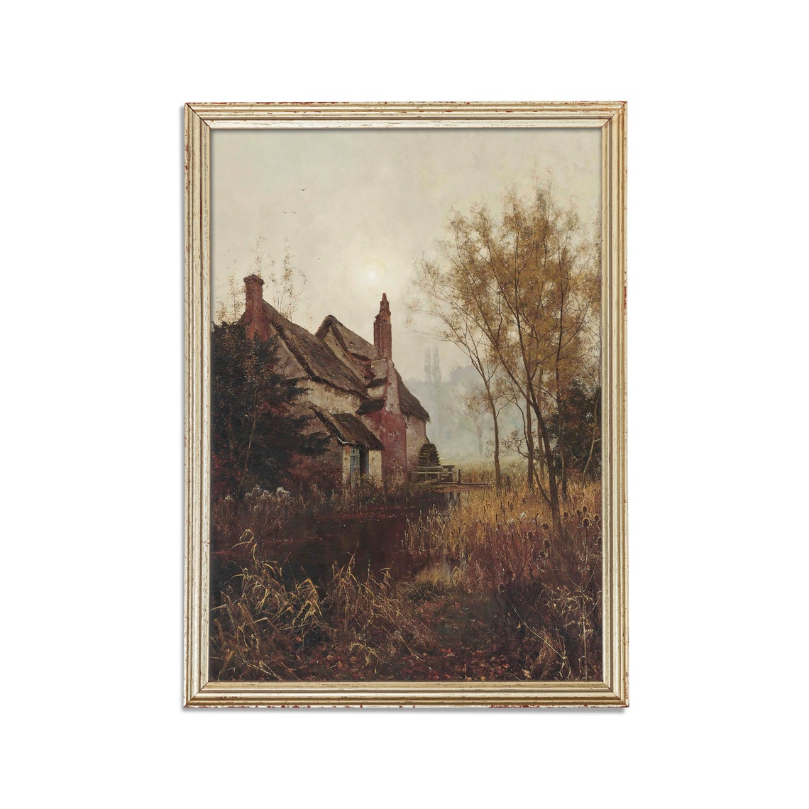 Thatched Watermill Cottage Beside Still Water at Dusk Country Poster - Image 2