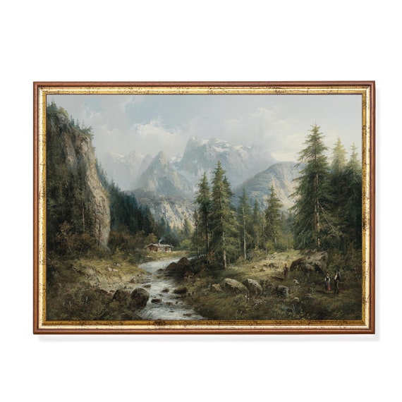 Vintage Mountain Landscape Country Landscape Rustic Nature Painting Wall Art Farmhouse Decor Fine Art