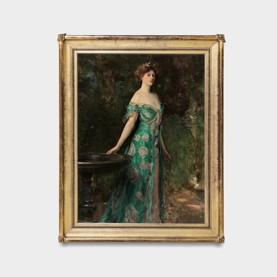 Elegant Lady in Emerald Green Gown by a Garden Fountain Poster - Image 4