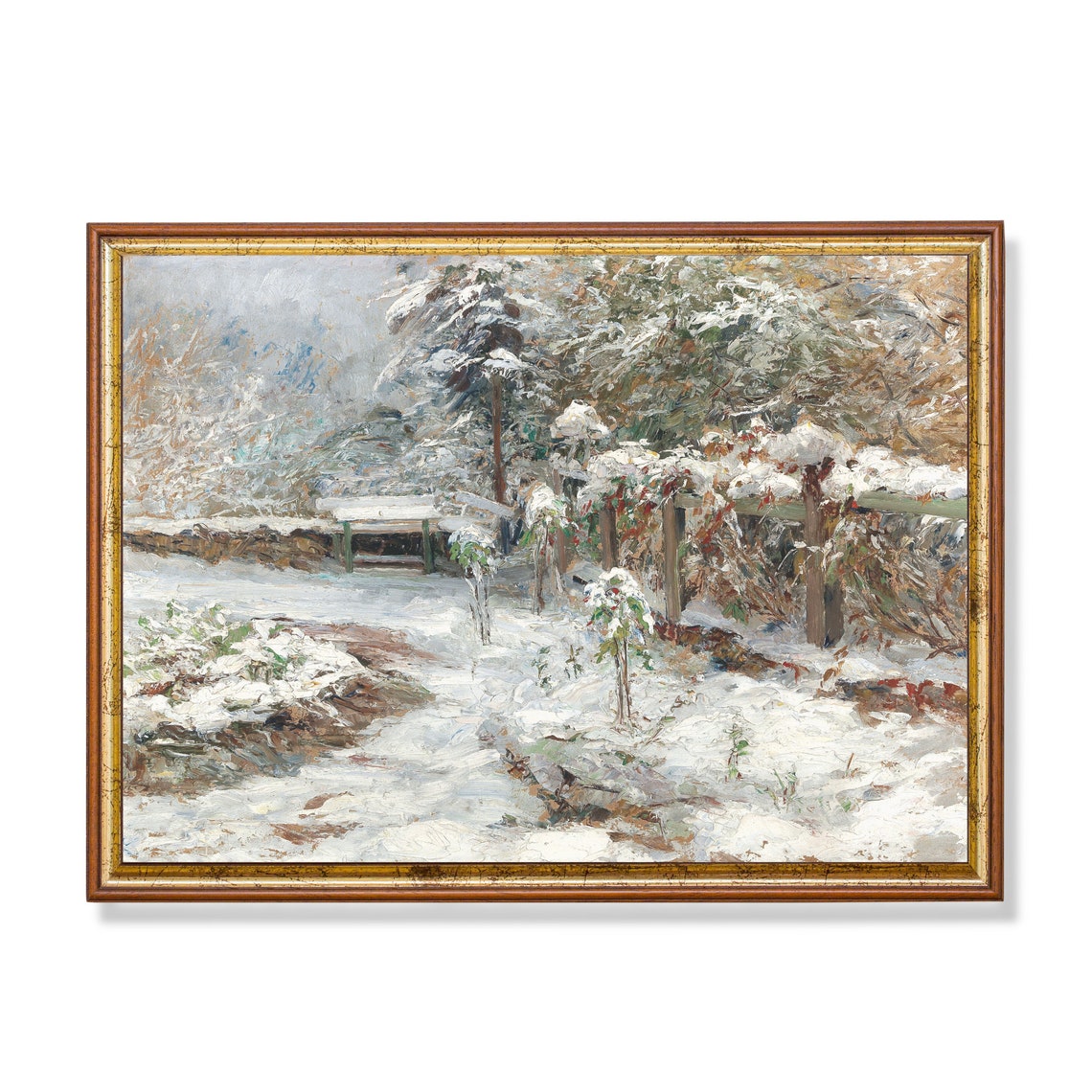 Snow-Covered Garden Trellis in Winter Vintage Landscape Poster