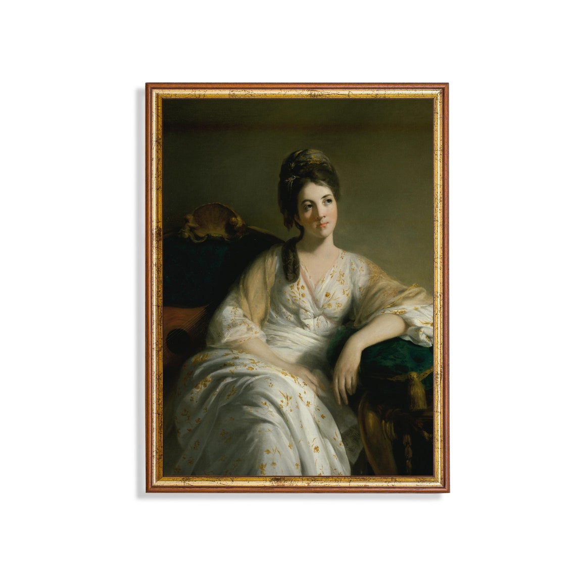 Seated Lady in a White Floral Dress Classical Portrait Poster