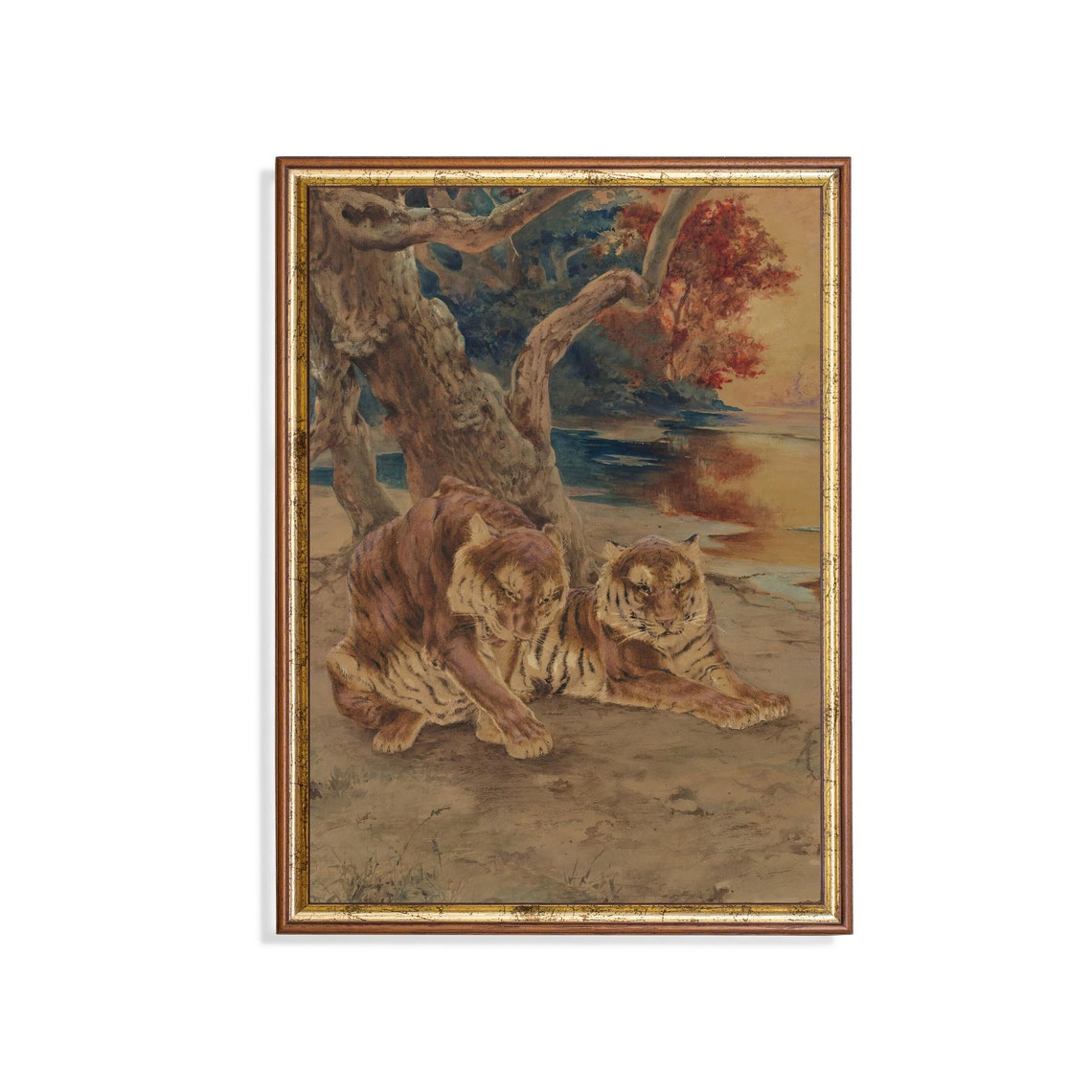 Printed And Shipped Pair Of Tigers Painting Vintage Animal Print Moody Rustic Wall Decor Oil Painting Art Farmhouse Decor