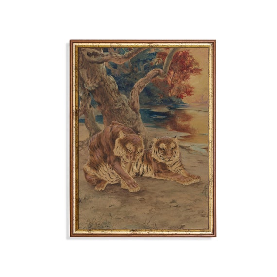 Printed And Shipped Pair Of Tigers Painting Vintage Animal Print Moody Rustic Wall Decor Oil Painting Art Farmhouse Decor