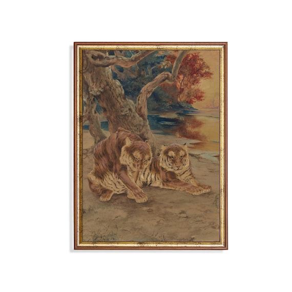 Two Tigers Resting by a River at Sunset Vintage Wildlife Art Poster