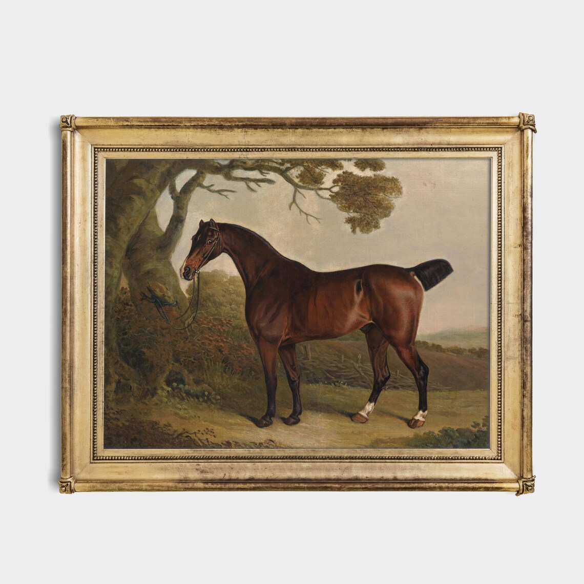 Vintage Bay Horse Under Tree Equestrian Painting Wall Poster - Image 4