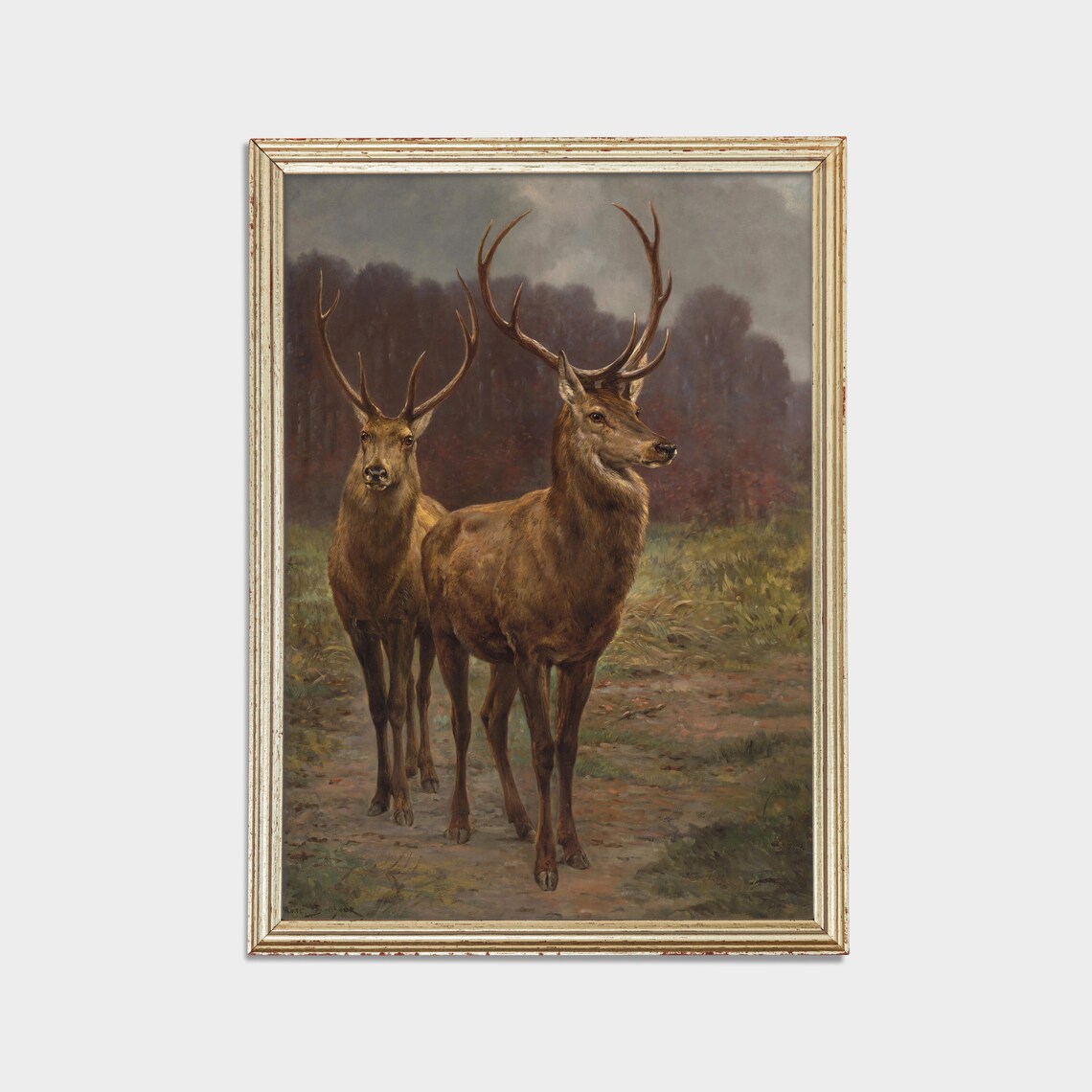 Vintage Red Deer Stags Painting Woodland Wildlife Antique Wall Art - Image 2