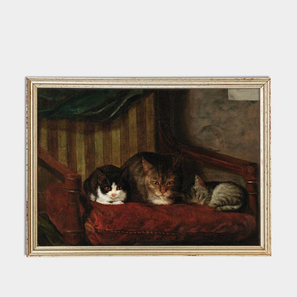 Three Cats on Deep Red Velvet Chair Vintage Feline Oil Poster - Image 3