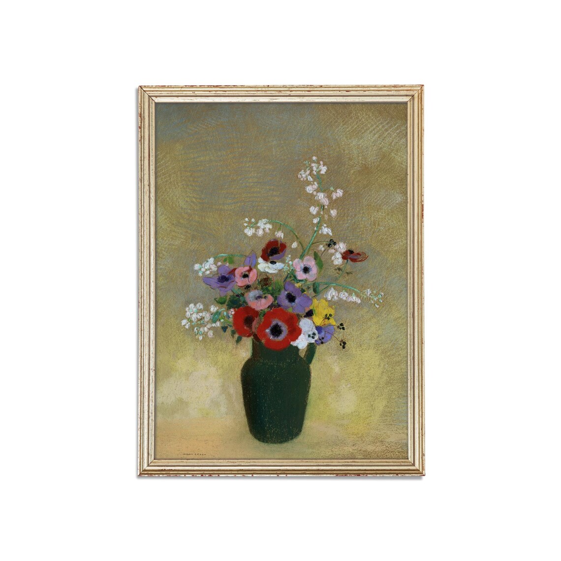 Pastel Wildflower Bouquet Green Vase Gold Ground Floral Art Poster - Image 3