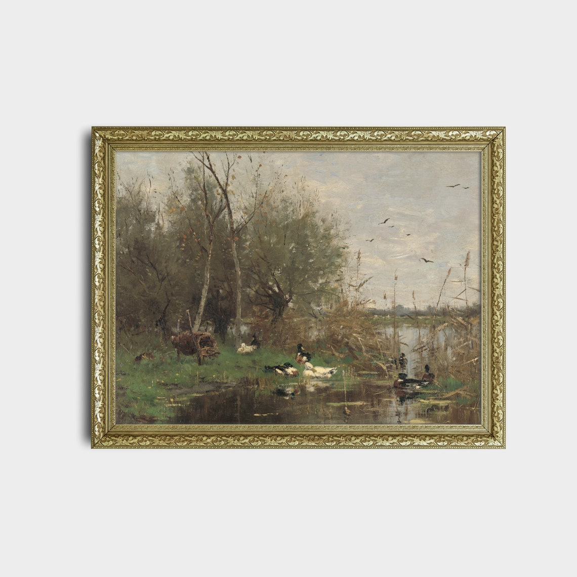 Ducks at the Marsh Pond Vintage Rustic Landscape Painting Poster - Image 2