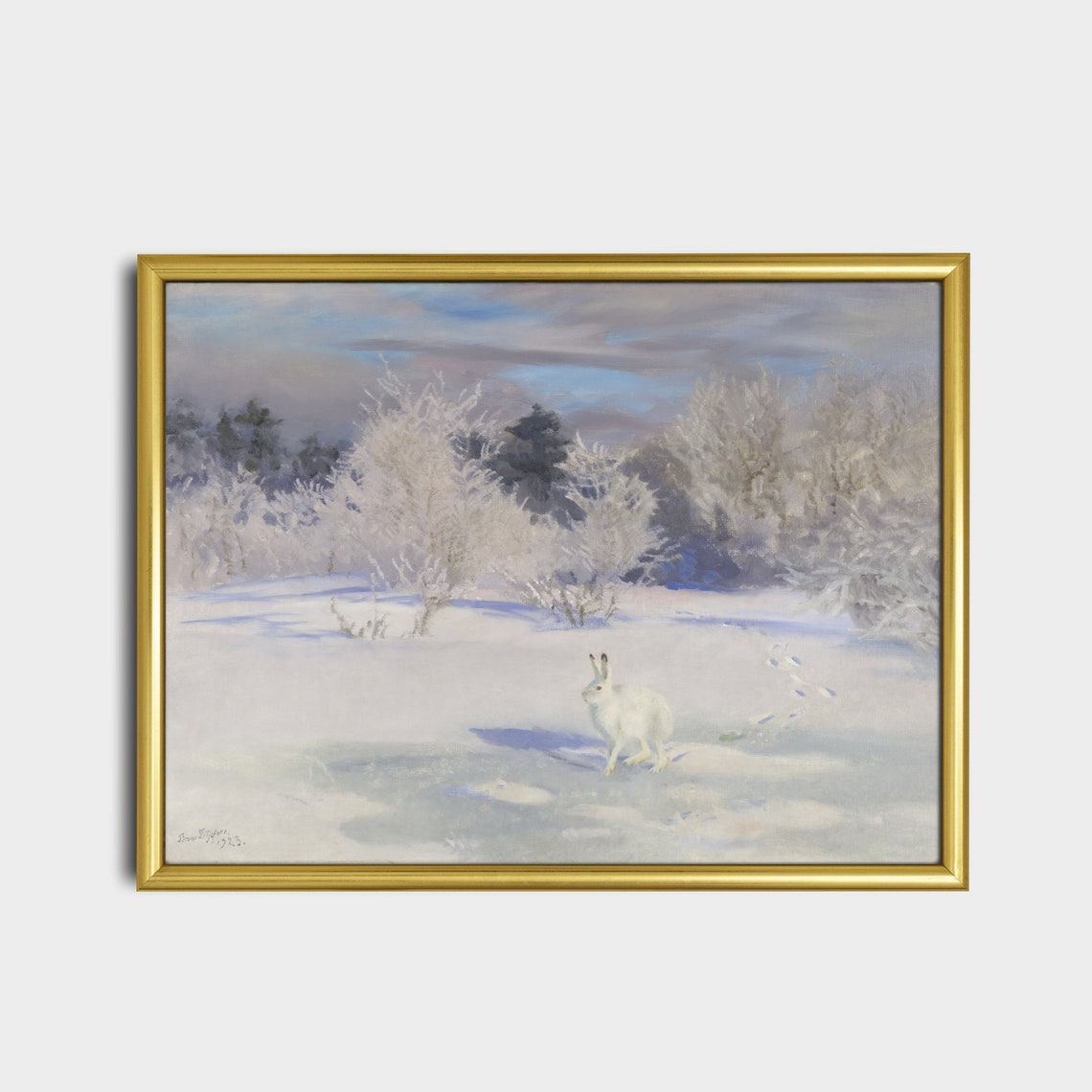 White Hare Standing in a Snowy Landscape With Frosted Bushes Poster - Image 2