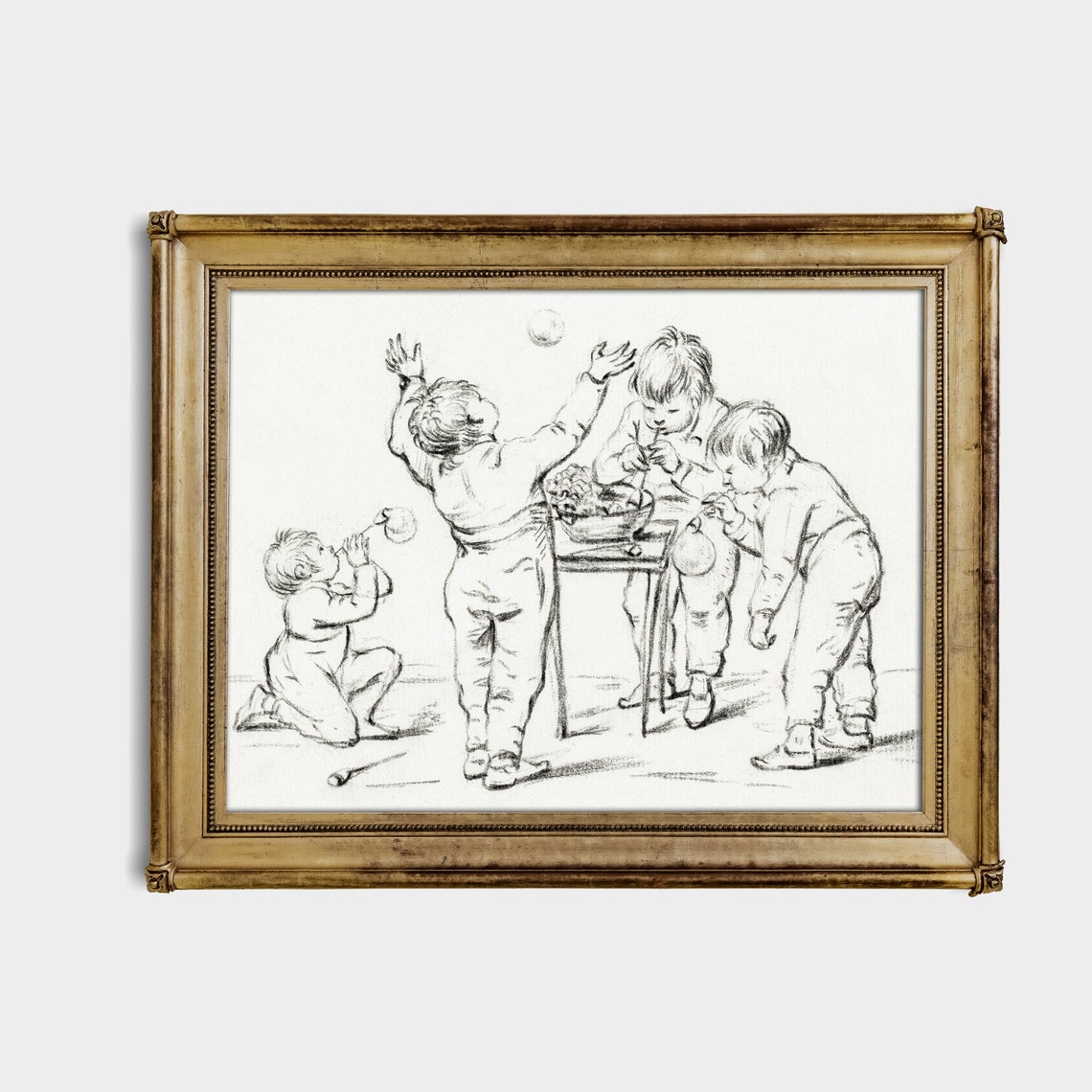 Children Playing Together Antique Ink Sketch Drawing Art Poster - Image 2